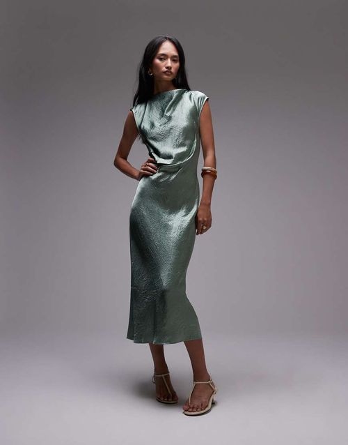 & bias cut satin midi dress with drape detail in green
