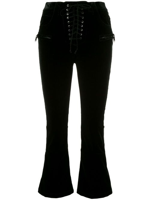 Velvet cropped lace-up trousers - Black