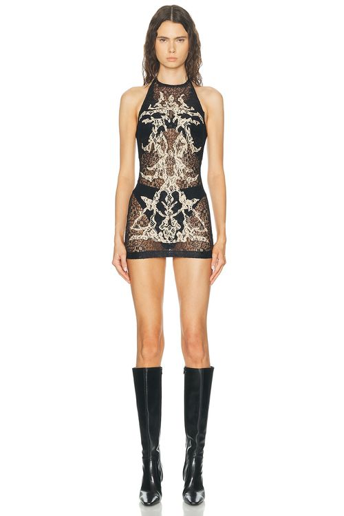 HAELO Feather Lace Mini Dress in Black/Nude - Black. L also in XXS