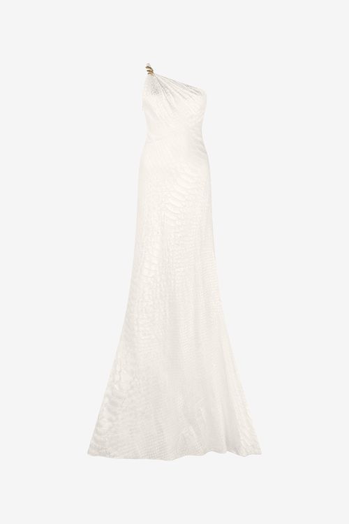 White One-shoulder Dress With Scale Print