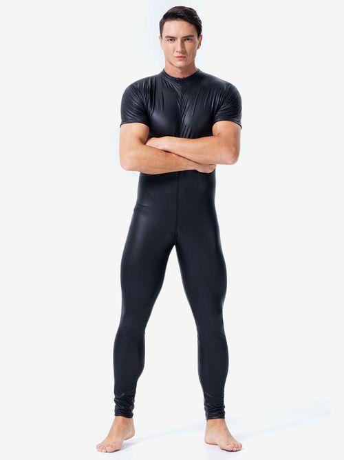 Mens Catsuit PU Leather Black Short Sleeves Jumpsuit