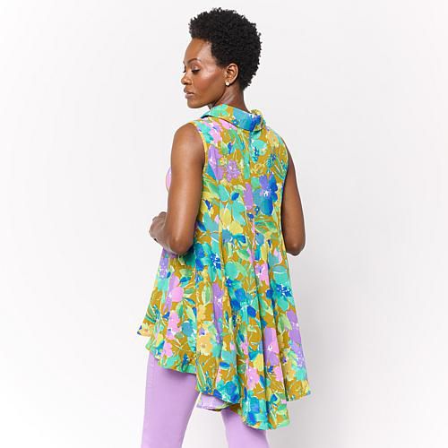 Collared Sleeveless Hi-Low Button-Front Top - Green