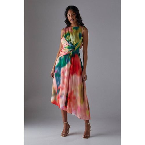 Warehouse Women's Printed Satin Sleeveless Knot Front Asymmetric Hem Midi Dre