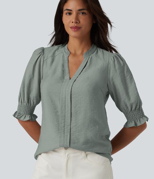 V Neck Puff Short Sleeve Casual Blouse  - Oil Blue
