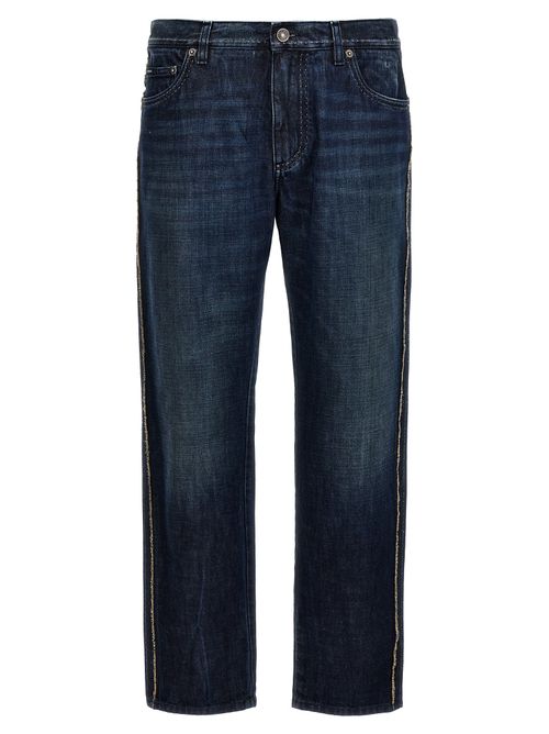 Frayed Side-Stitched Cotton Jeans — Blue