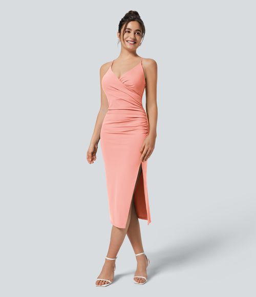 SoftlyZero™ Airy Crossover Ruched Lace Up Bodycon Cool Touch Dress-UPF50+ Casual Dress - Peach Melba