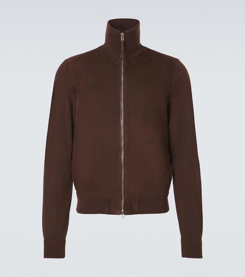 Suede-paneled wool-blend zip-up sweater