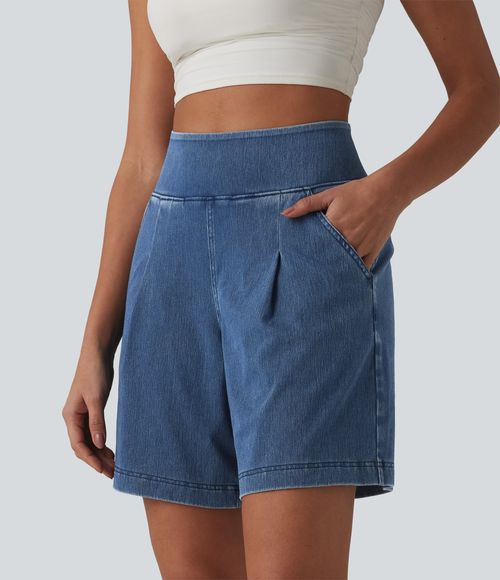 Flex™ High Waisted Denim Casual Baggy Bermuda Shorts 7'' with Pockets  - Estate Blue Denim