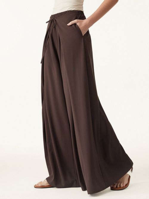 Bamboo Ponte Wrap-tie Palazzo Pants with Pockets - Regular / Walnut