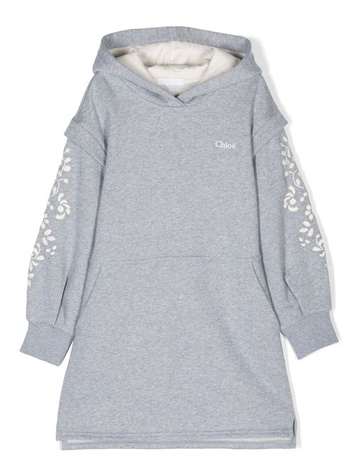 Embroidered-design hooded dress - Grey