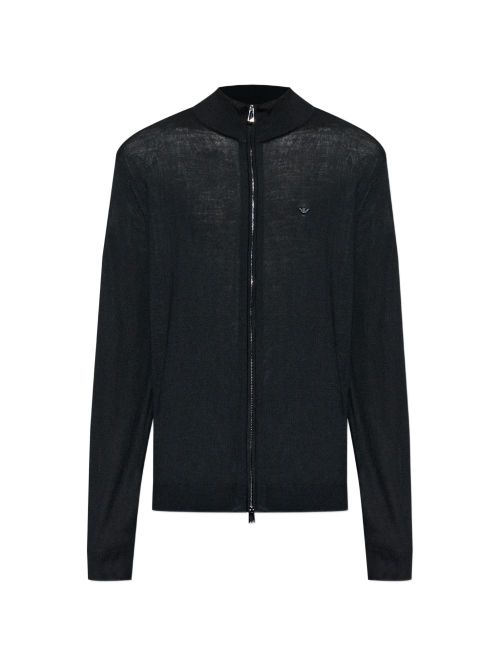 Logo-Embroidered Wool Cardigan — Black