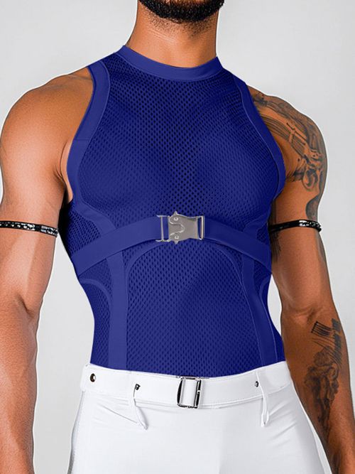 Mens Solid Color Breathable Mesh Casual Tank SKUL02147 - Blue / S