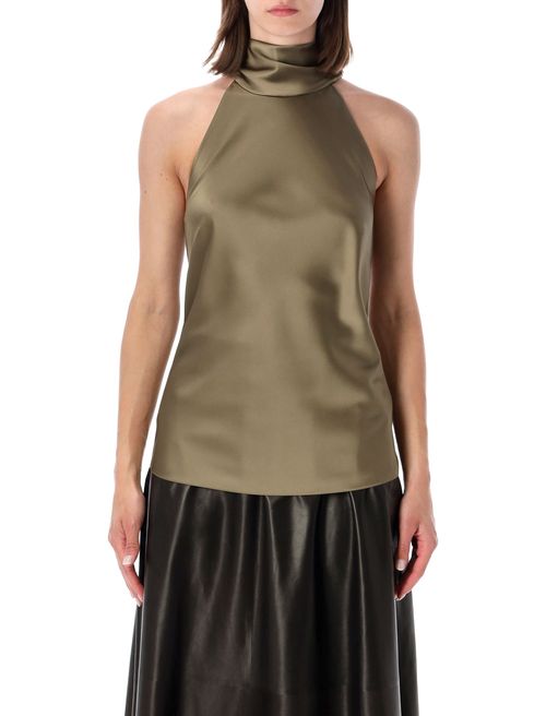 Refined Satin Halter Blouse with Draped High Neck and Long Scarf Detail