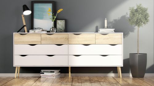 Tvilum Diana 77" 8 Drawer Double Dresser, White/Oak