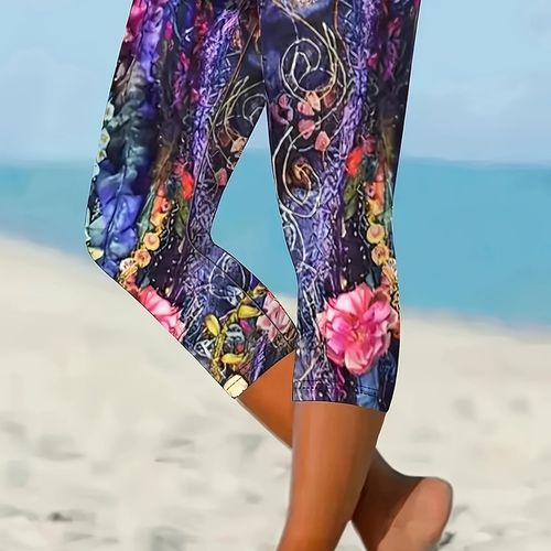 TEMU Women's Mid-length Capri Leggings - Vibrant Floral Print Yoga Pants, Stretchy Machine-washable Fabric For Spring Summer Fall, Beach Vacation