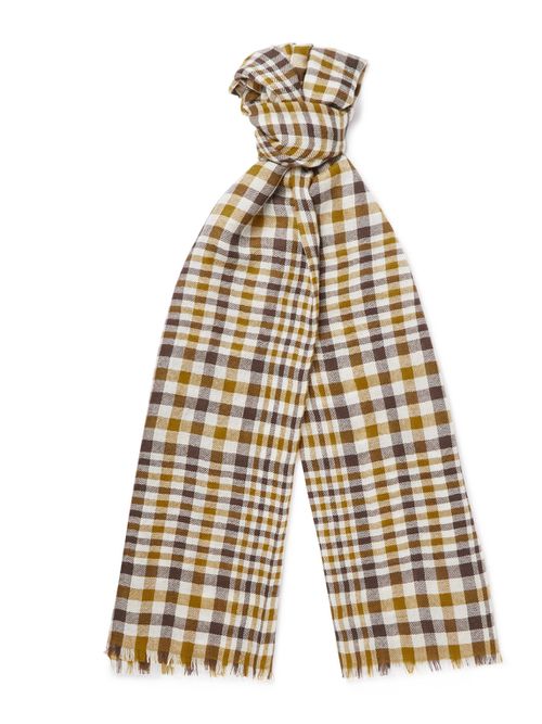 Fringed Checked Cashmere Scarf - Men - Yellow