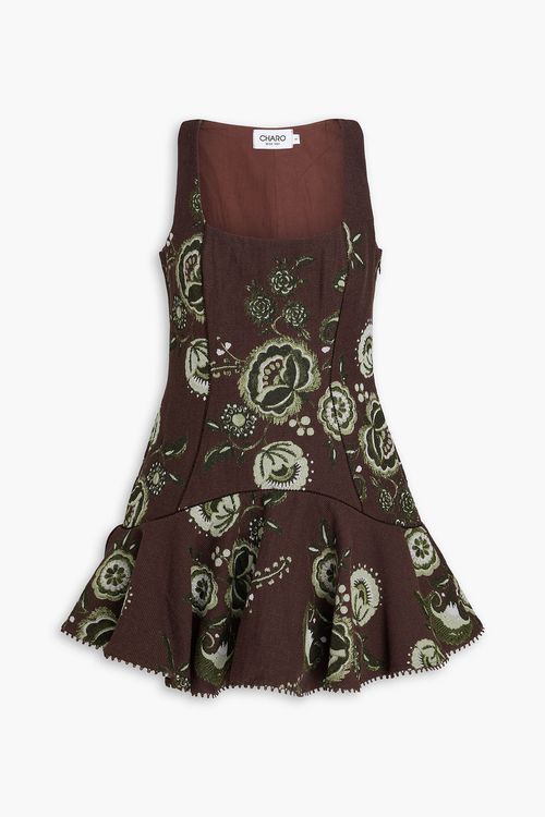Gery fluted cotton-blend floral-jacquard mini dress - Brown - XS