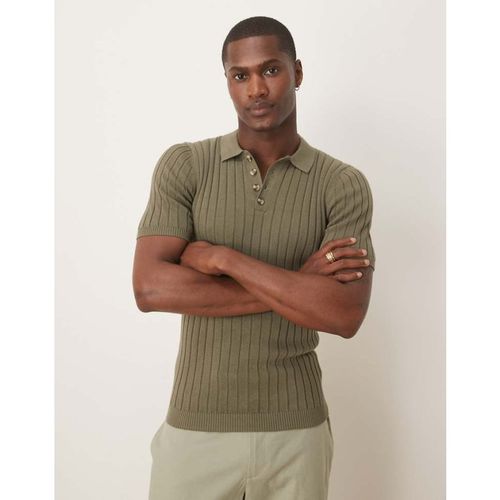 ASOS DESIGN Mens muscle fit knitted rib polo t-shirt in khaki
