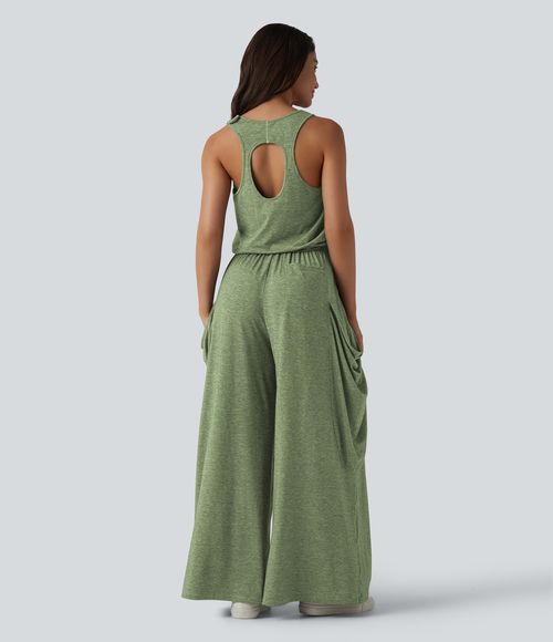 Sleeveless Cut Out Wide Leg Casual Jumpsuit with Pockets-Easy Peezy Edition  - Light Green Floral Yarn