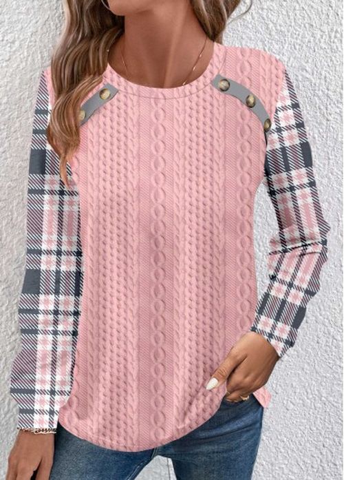 Modlily Pink Patchwork Plaid Long Sleeve Round Neck Sweatshirt
