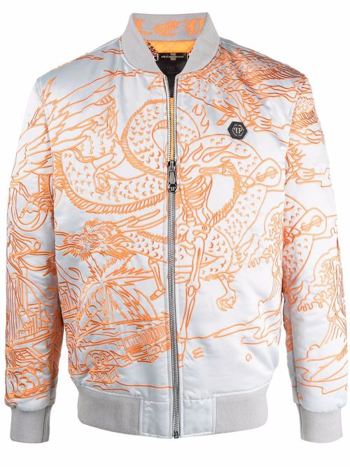Tattoo-motif embroidered bomber jacket - Grey