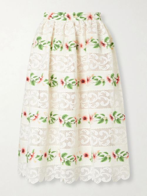 Floral-print Lace-trimmed Cotton-blend Midi Dress