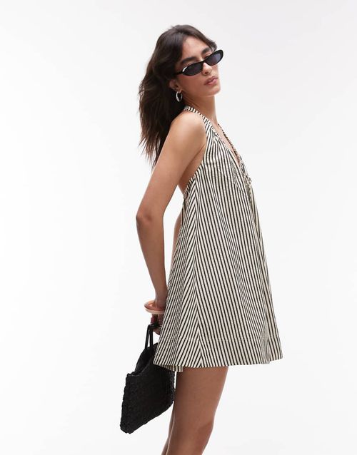 Topshop halter mini trapeze dress in mono stripe-Multi