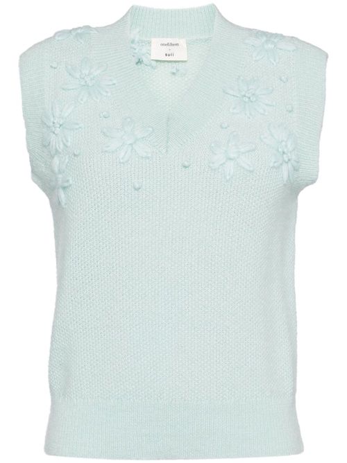 Floral-embroidered knitted vest - Blue