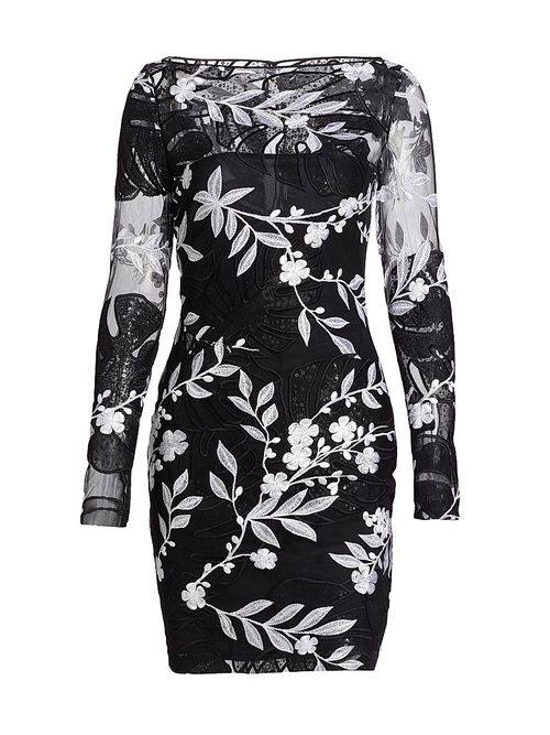 Women's Sequined & Floral- Embroidered Cocktail Minidress - Black White