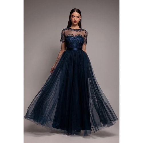 Goddiva Embroidered Mesh Maxi Dress - Navy