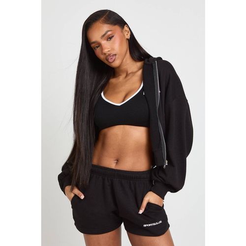 Boohoo Women's Sports Club Embroidered Piping Sweat Short in Black | : Sma