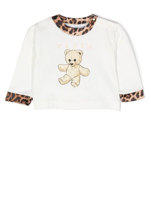 Teddy Bear-print leopard-trim top - White