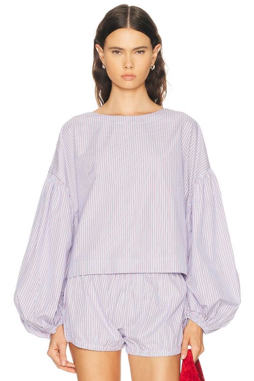 Suzie Kondi Balon Top in Chambray & Poppy Stripe - Baby Blue. S also in XS