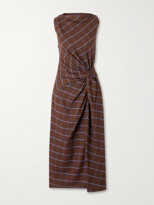 Knotted Checked Cotton-flannel Midi Dress - Brown