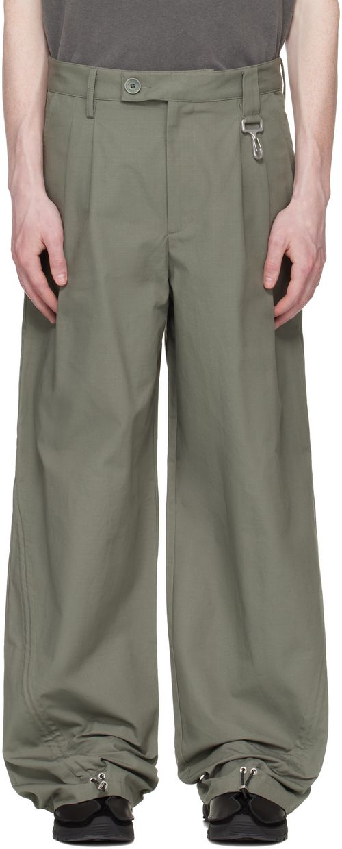 Khaki Cotton Ripstop Pleated Trousers