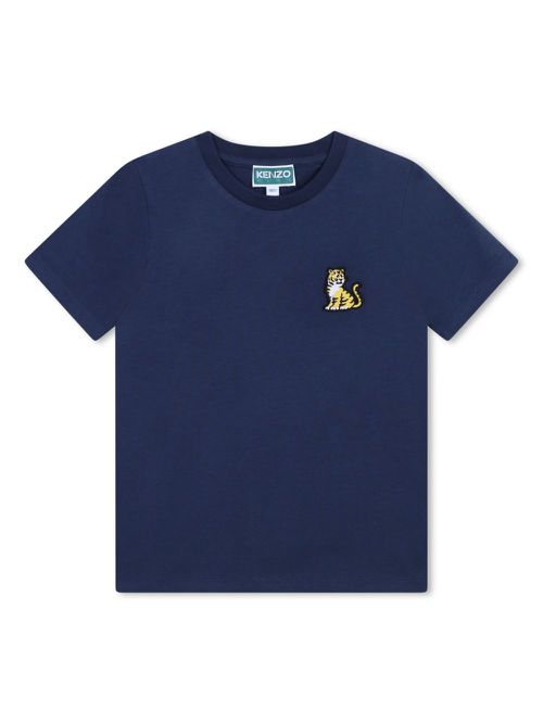 Tiger-appliqué cotton T-shirt - Blue