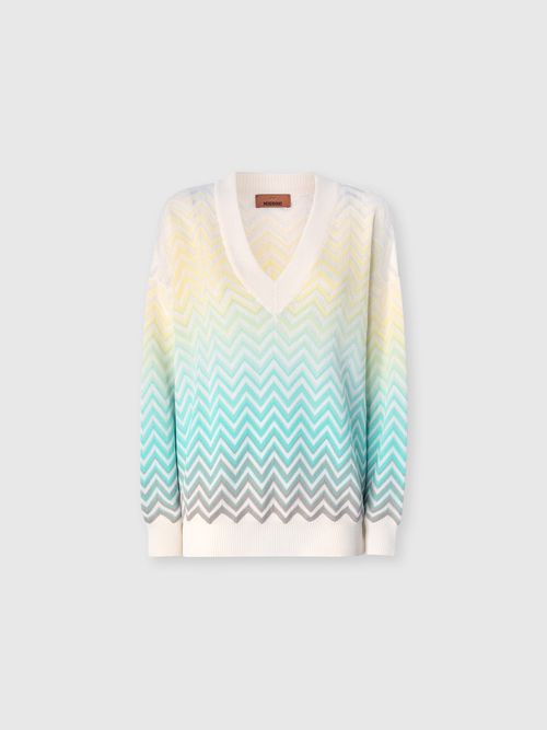 Missoni - Chevron Dégradé Cotton and Viscose V-Neck Sweater, Women, Light Blue& Yellow