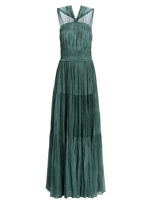 Women's Freesia Shirred Silk Chiffon Sleeveless Gown - Kelp