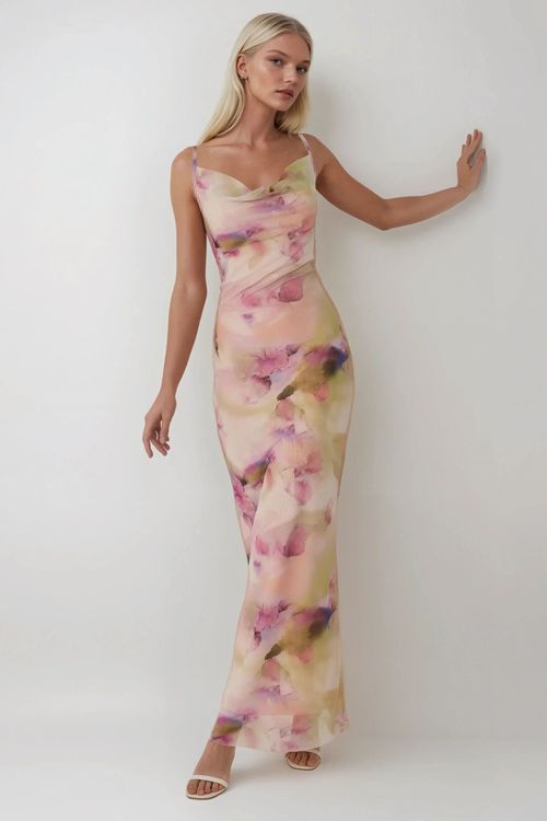 Multicolor Printed Bodycon Maxi Tulle Dress Women