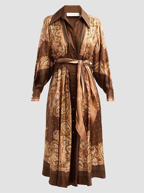 Women's Luna Silk Midi Shirtdress - Caramel Paisley
