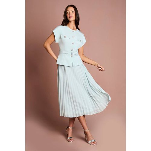 Coast Women's Pearl Button Tailored Bodice w/ Pleated Skirt Midi Dress in Duck Egg