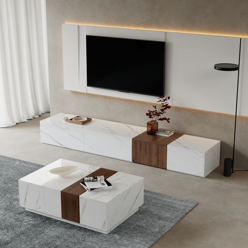 Living Room Cabinet Set Mid-Century Modern Wood Block TV Stand & Coffee Table Set