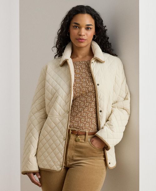 Plus Size Faux-Sherpa-Collar Quilted Coat - Moda Cream