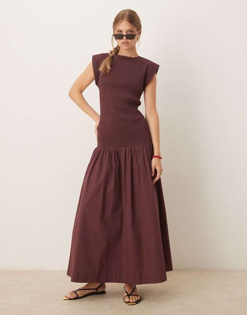 High neck shirred maxi dress with dropped waist in deep grape-Purple