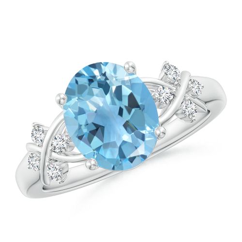 Angara 3.25 Carats Solitaire Oval Swiss Blue Topaz Criss Cross Ring with Diamonds in Platinum