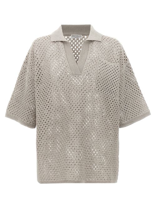 -Wide Mesh Shirt Polo Grigio-Donna