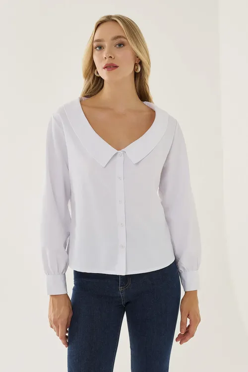 Dusty White Straight Fit Collar Detail Shirt Women