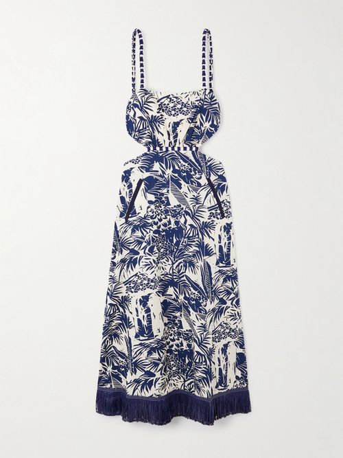Harmony Fringed Embellished Printed Cotton-poplin Midi Dress - Blue
