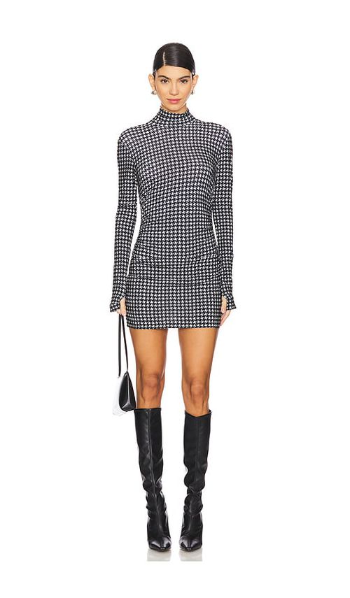 Norma Kamali Long Sleeve Turtleneck Pickleball Dress in Large Houndstooth - Black. M also in