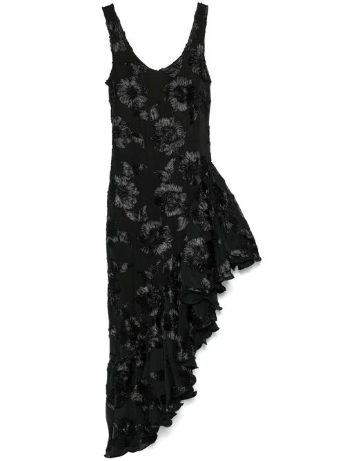 Floral-embroidered ruffle-detail midi dress - Black